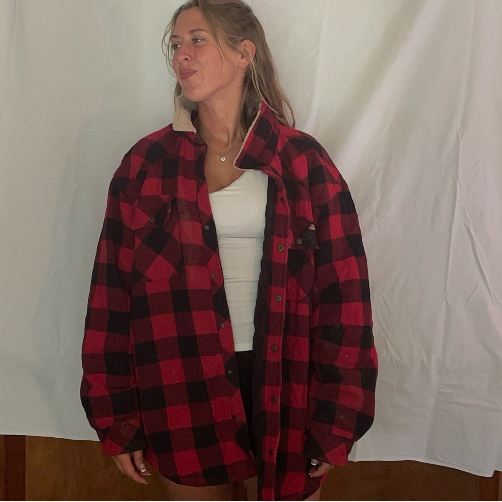 Dickies Vintage Men's Red and Black Plaid Utility Jacket